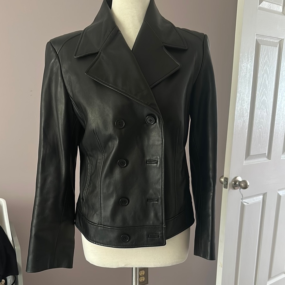 Black Leather Double-Breasted Women's Jacket